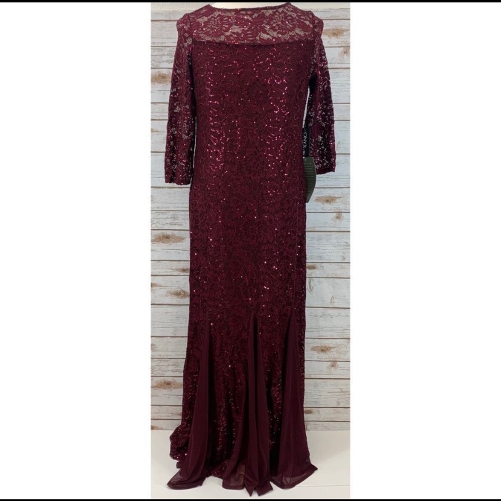 Onyx Nites 3/4 Sleeve Sequin Lace Evening Dress